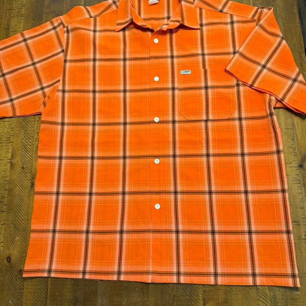 Vintage Caltop Button Up Shirt Mens 3XL Plaid Orange Short Sleeve Made In USA